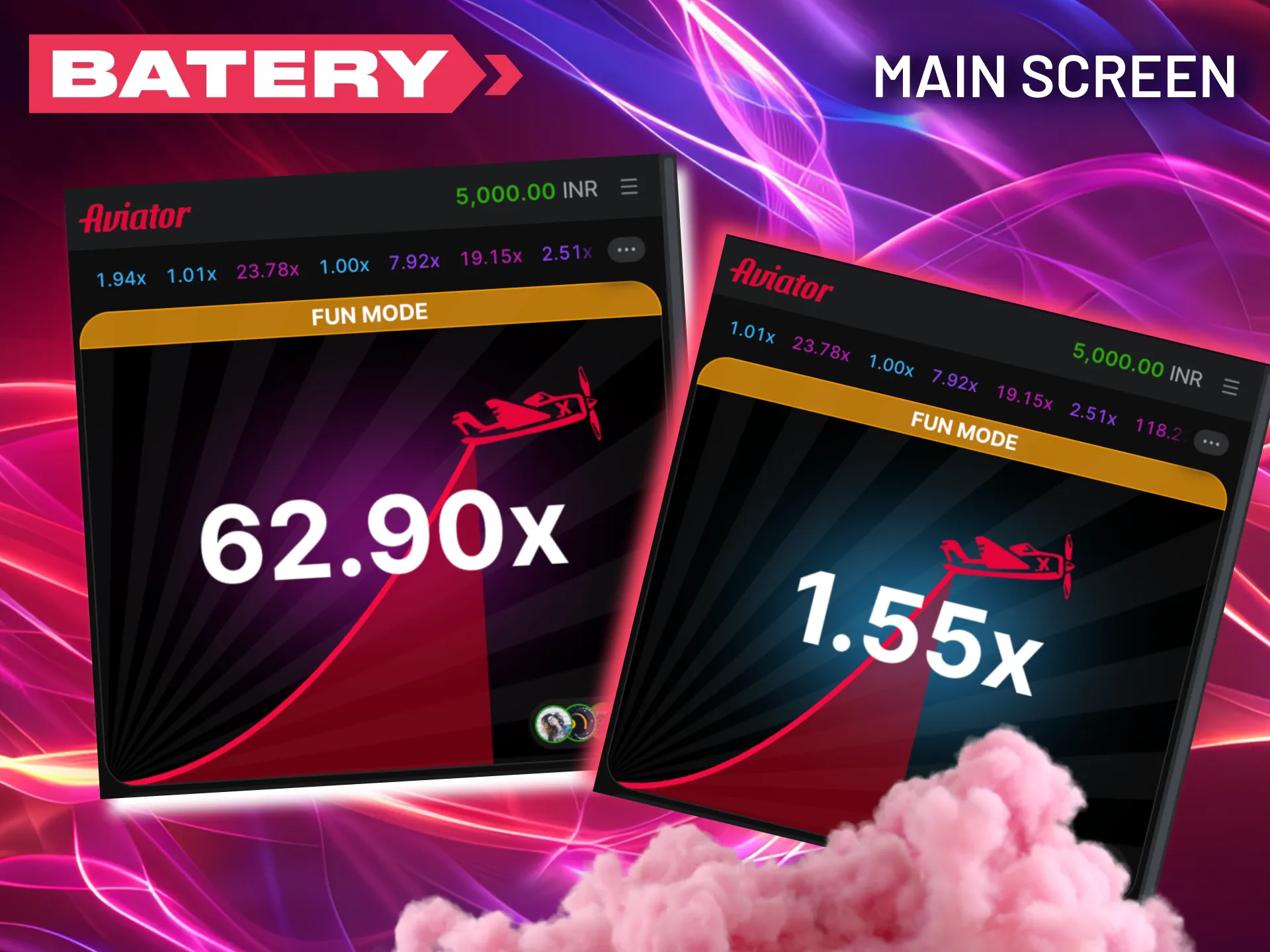 Batery’s main screen features a flying plane animation with live win multiplier.