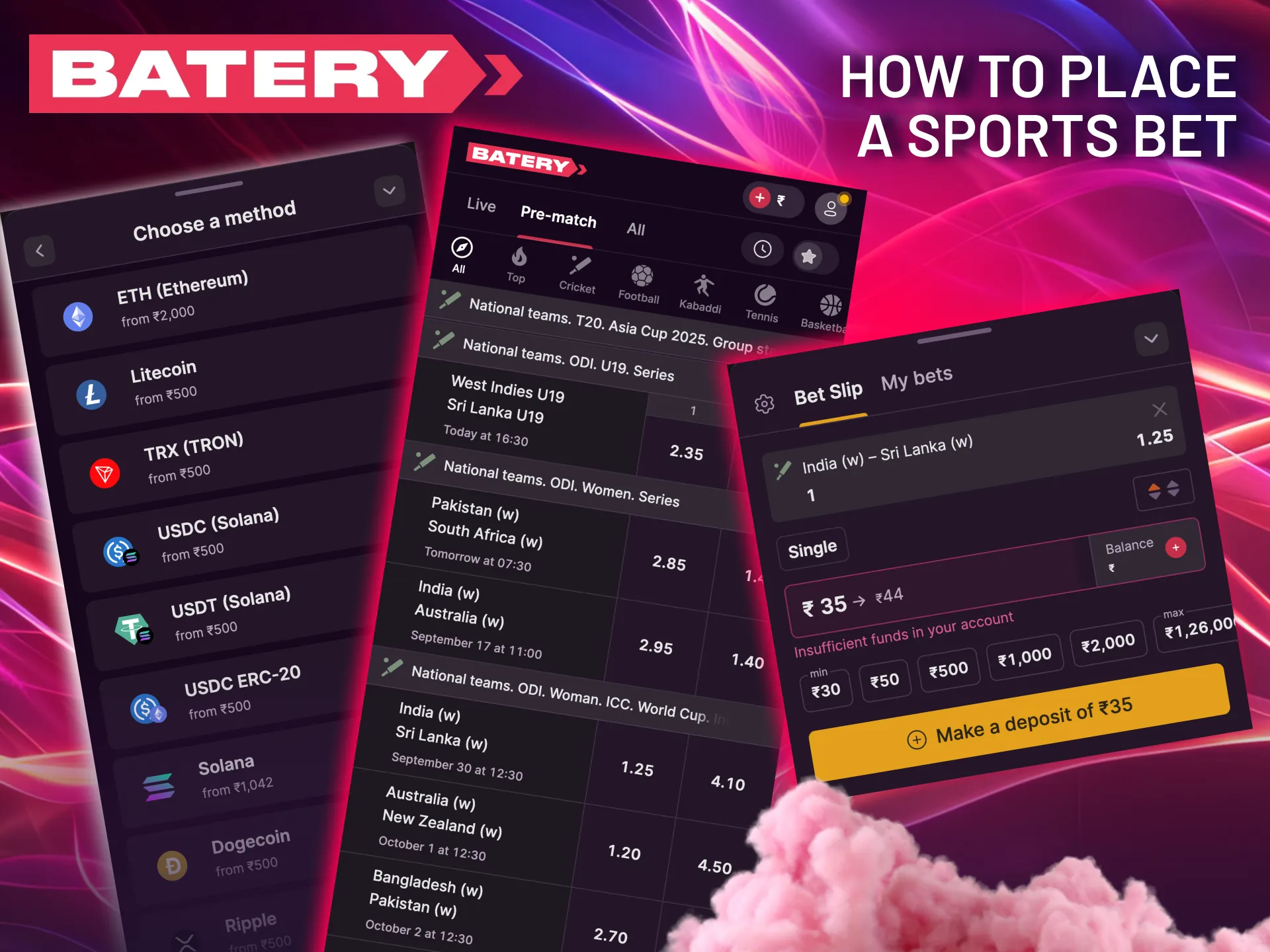 Place bets at Batery by logging in, depositing, and picking odds.