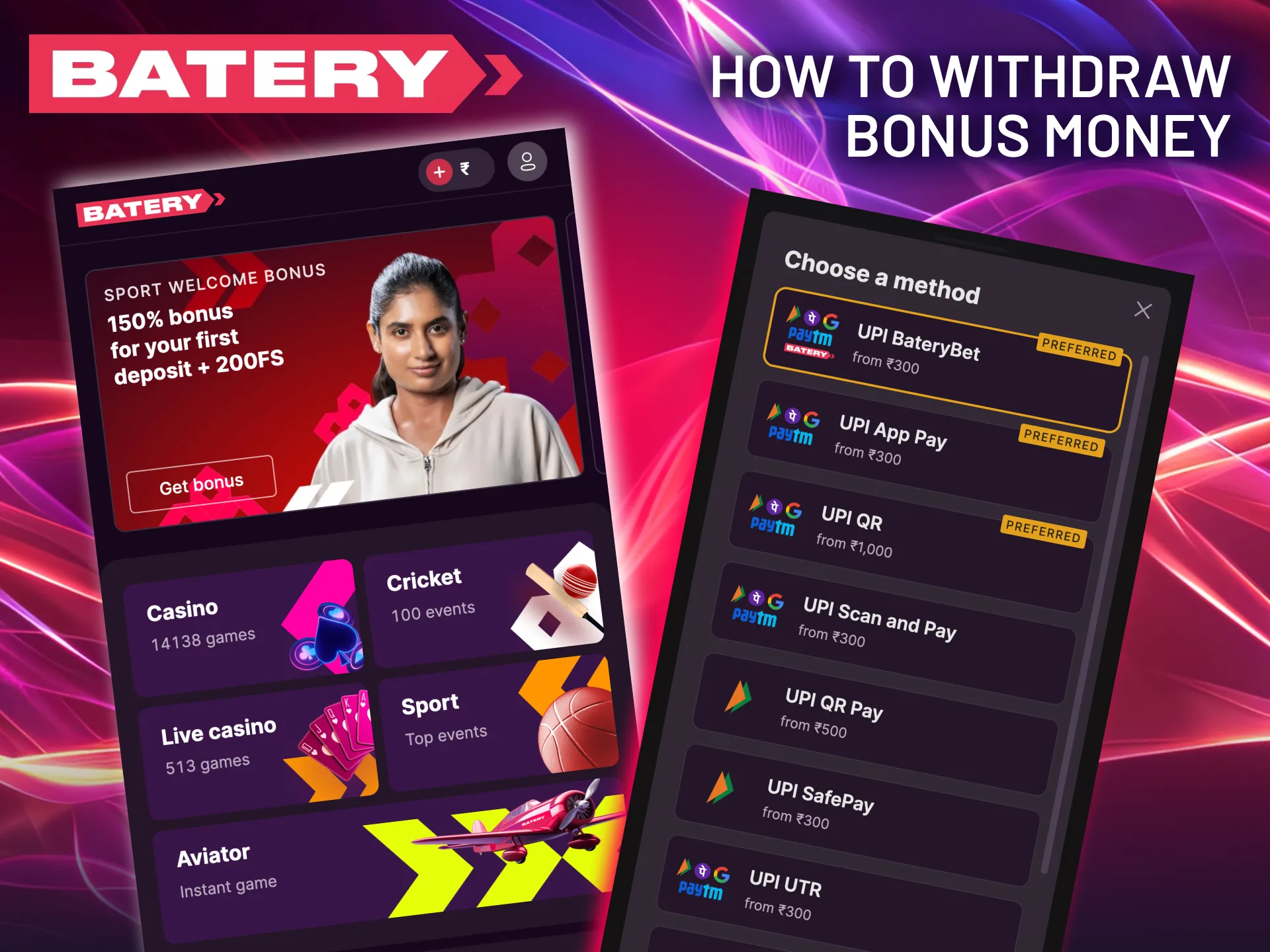 Withdraw Batery bonus funds after wagering by selecting a payment method.