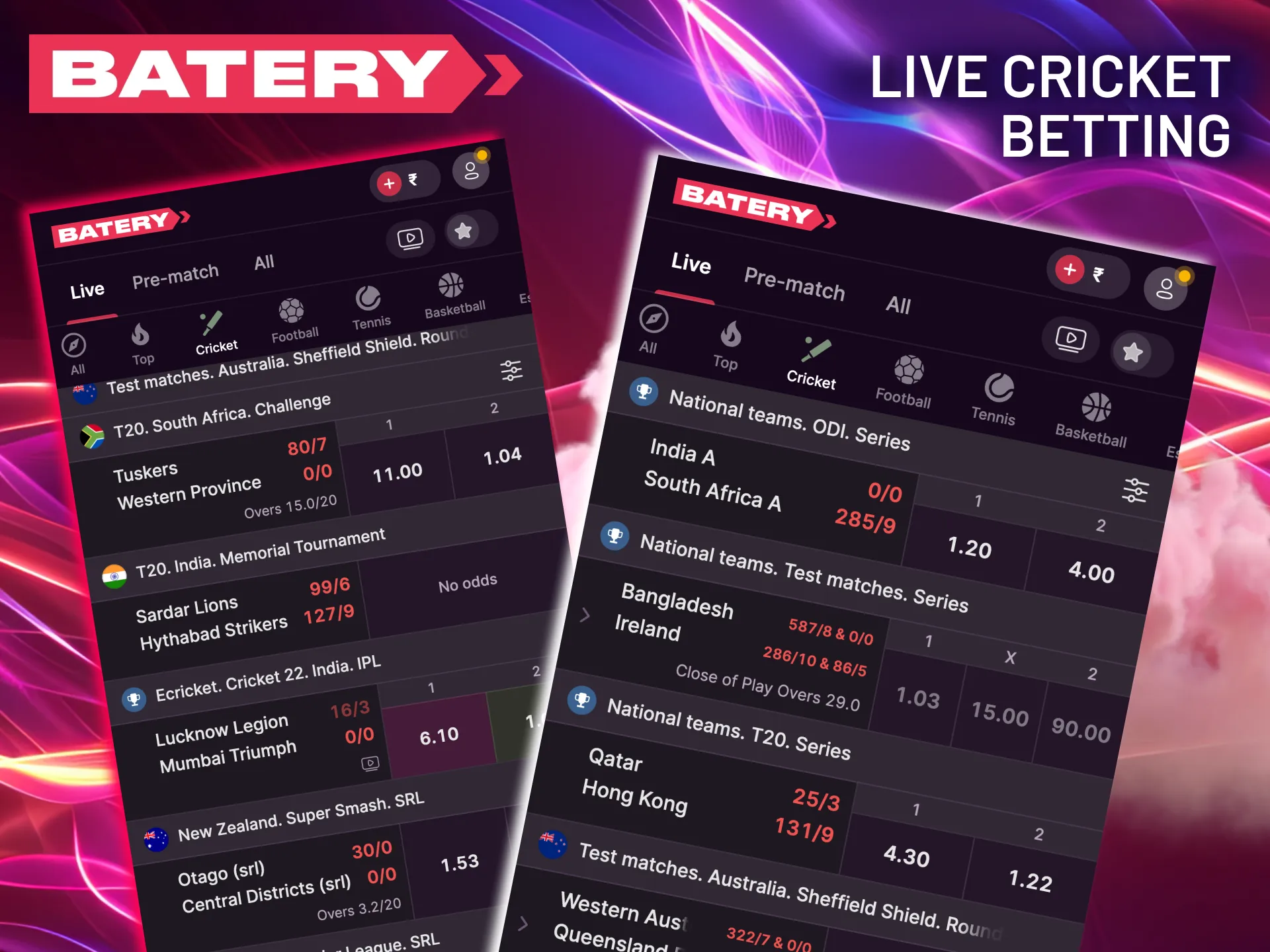 Interactive Batery in‑play cricket wagering platform.
