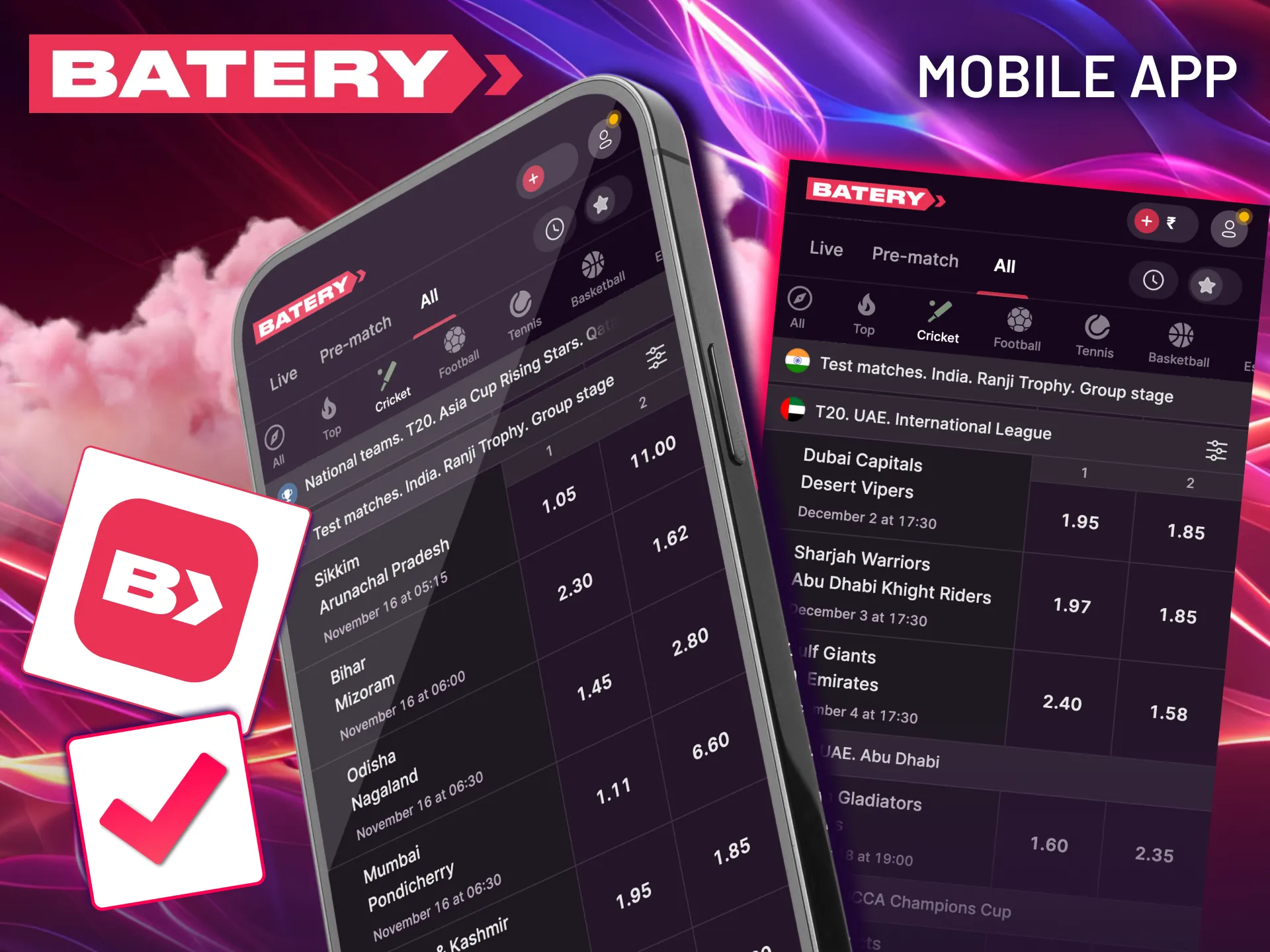 Bet smarter with Batery cricket app on smartphone.