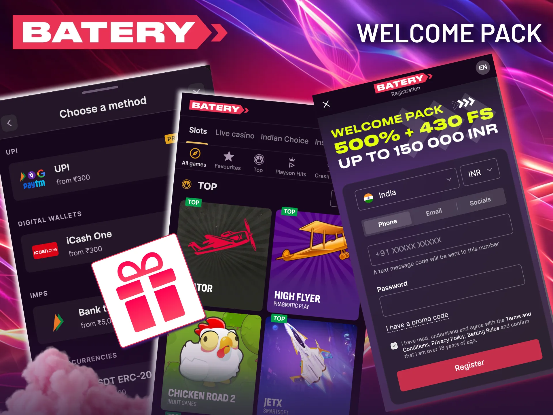 Batery first deposits bonus with free spins offer.