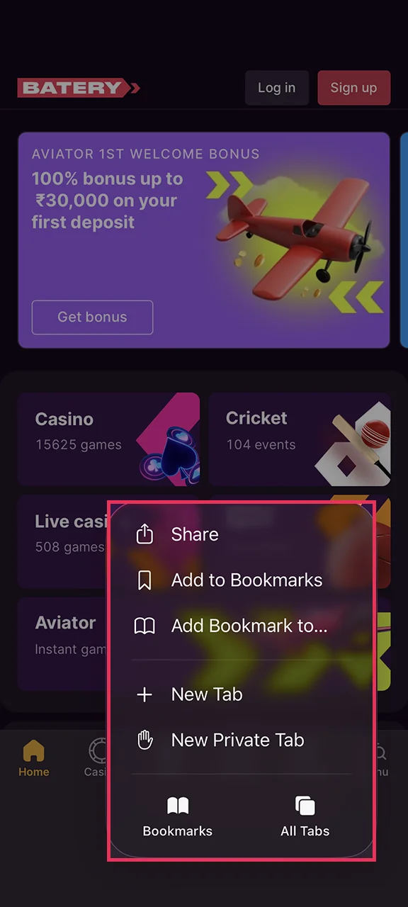 Open the browser menu to add the Batery app to your iOS device.