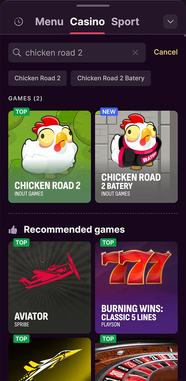 Open the casino tab on the Batery website and find the game Chicken Road 2.