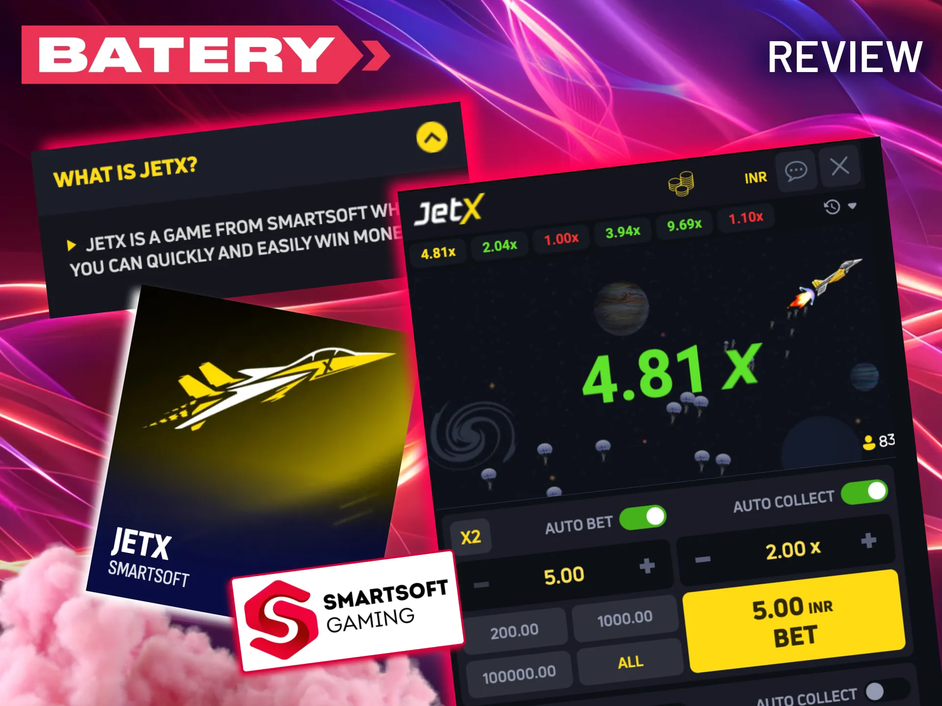 Experience JetX at Batery, combining simple mechanics with big payout potential.