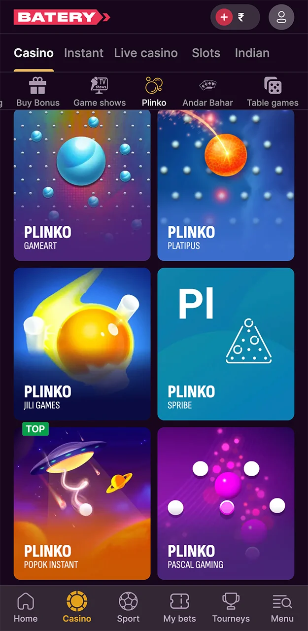 On the Batery website, you will find an entire section dedicated to Plinko games.